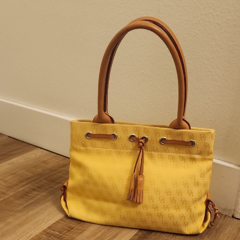 Dooney & Bourke Y2K Yellow Logo Canvas Tote Tan Leather Trim Vintage